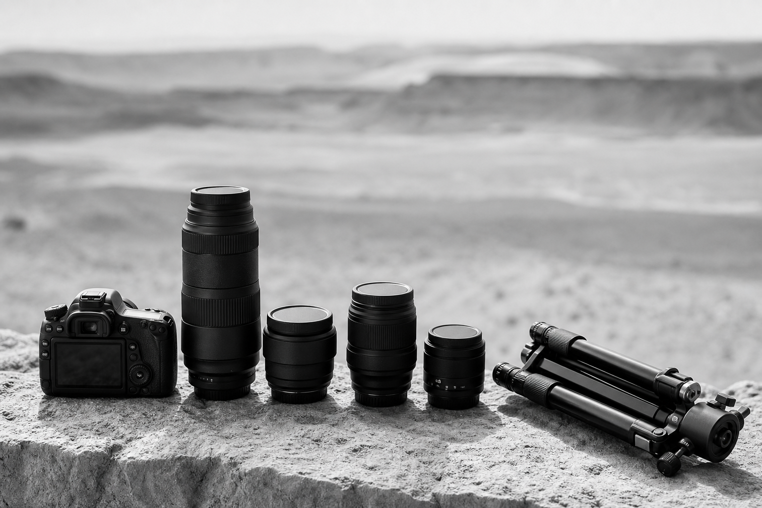 Camera equipment on desert rock